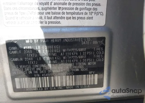 2012 Subaru Outback 2.5I Premium from USA, damaged, VIN 4S4BRBCC1C3205602